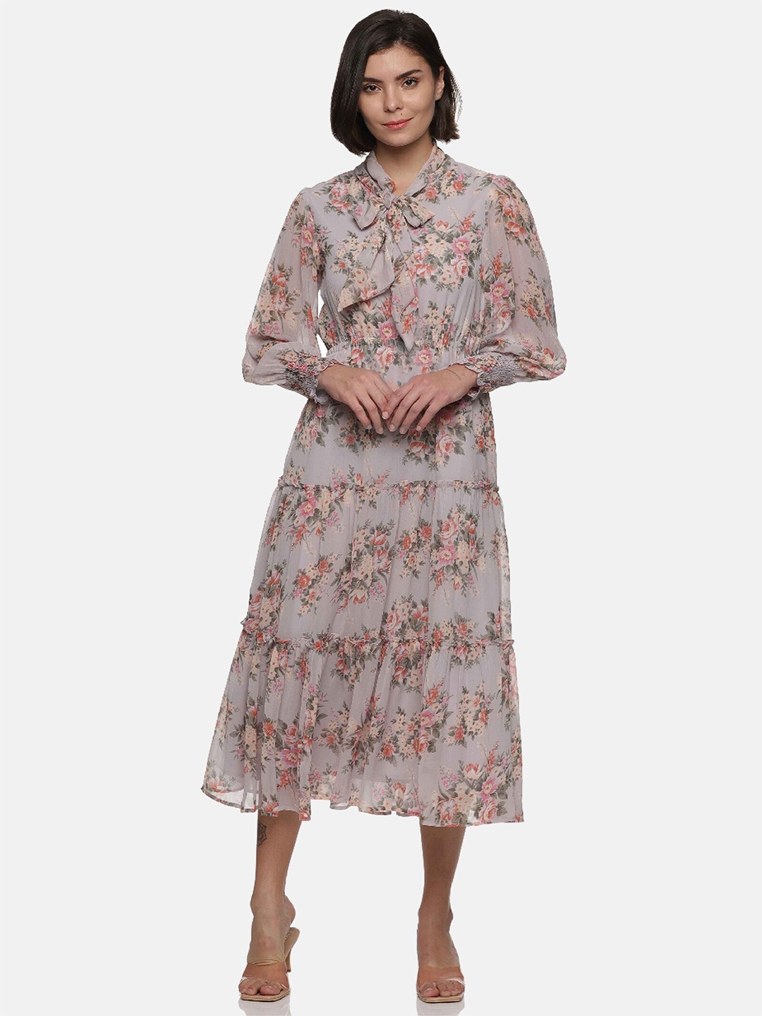 

ISU Grey Floral Tie-Up Neck Chiffon A-Line Midi Dress