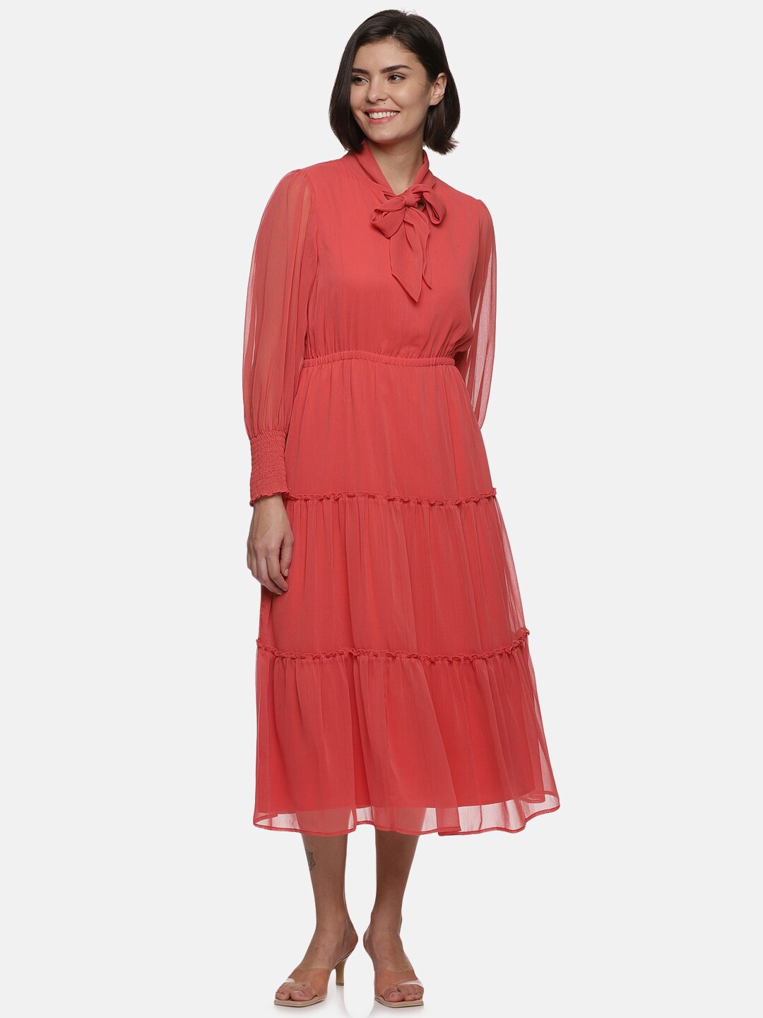 

ISU Coral Tie-Up Neck Chiffon Midi Dress