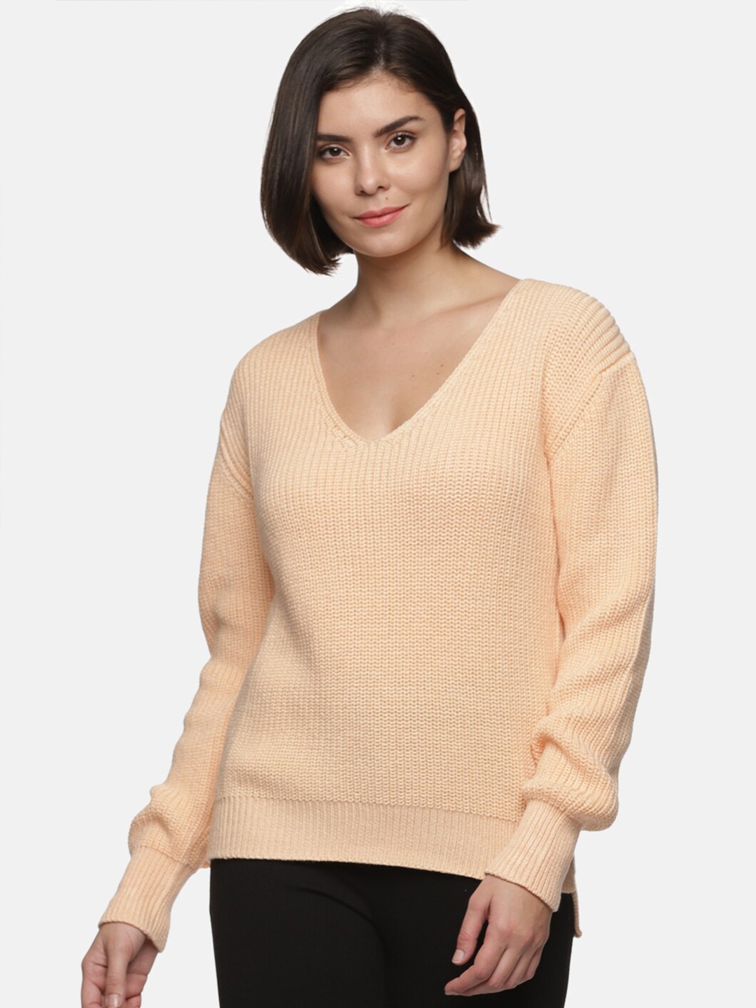 

ISU Women Peach-Coloured Ribbed Cotton Pullover Sweater