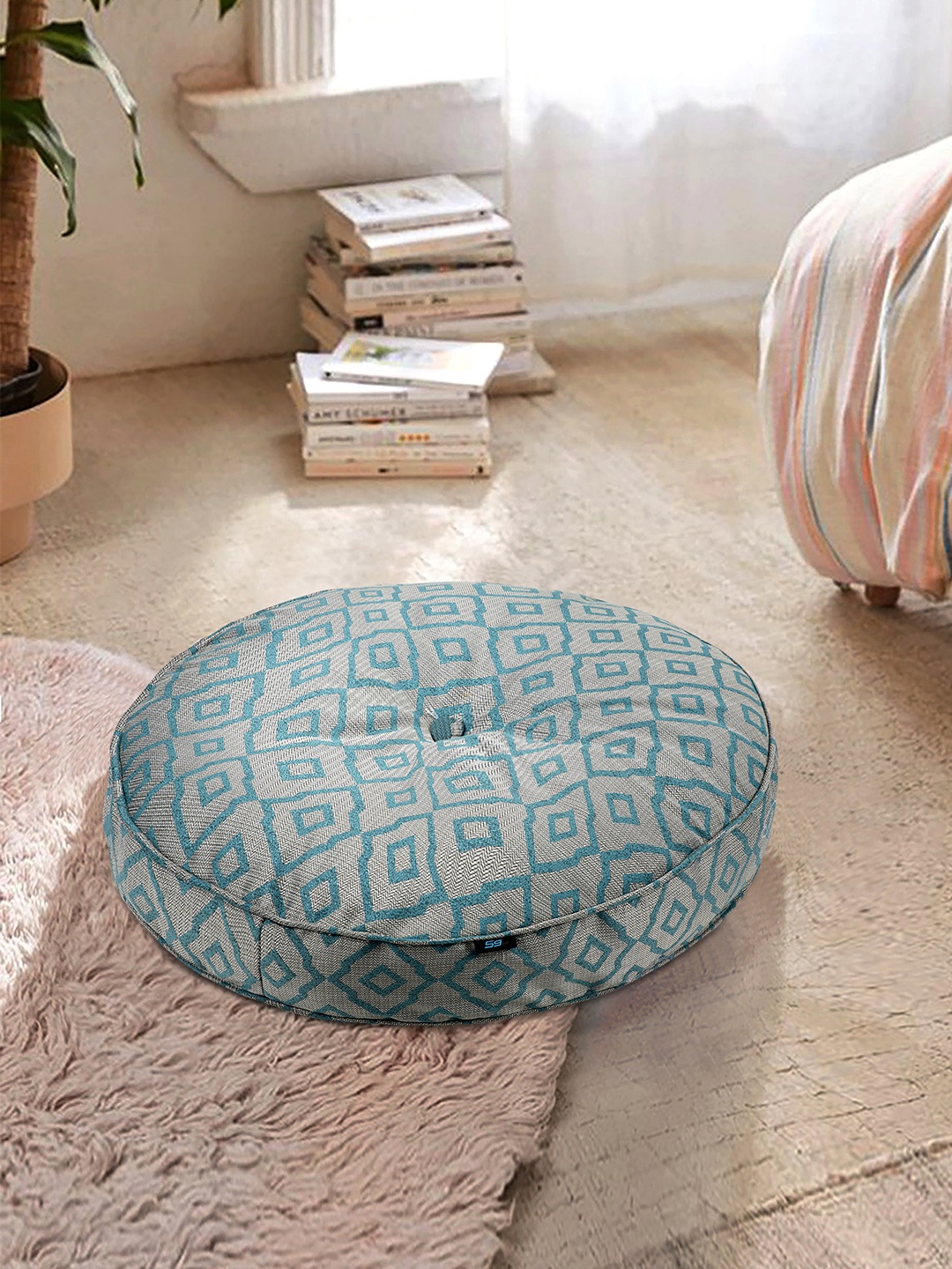 

S9home by Seasons Grey & Blue Printed Round Floor Cushions