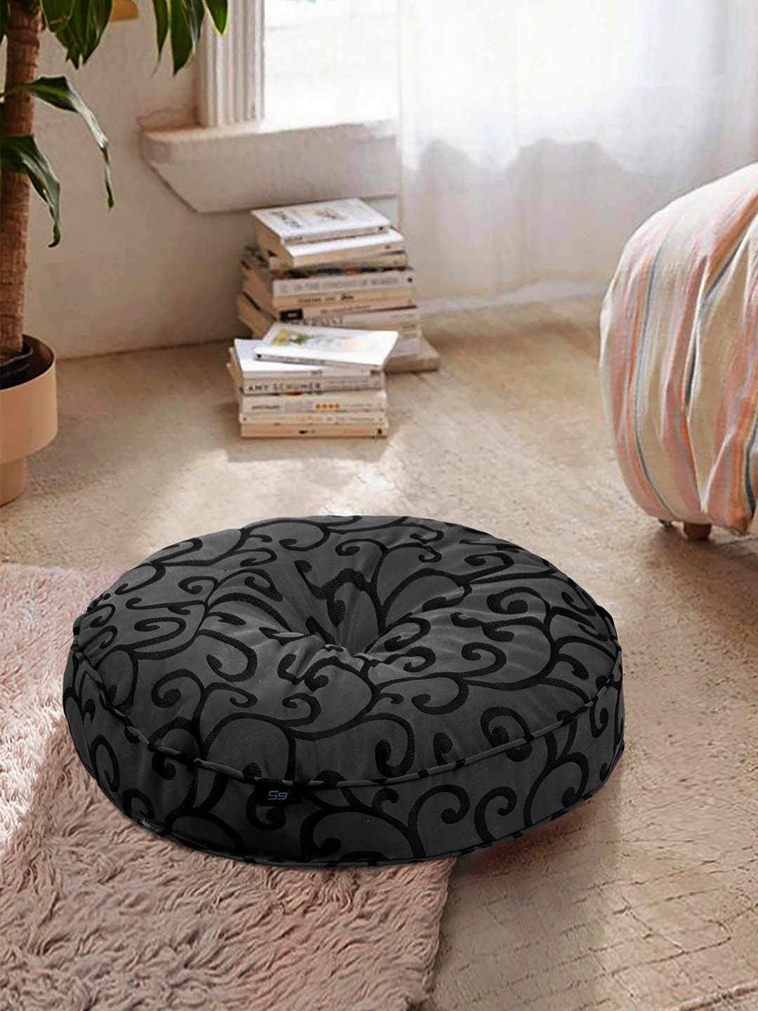 

S9home by Seasons Charcoal & Black Printed Round Floor Cushion