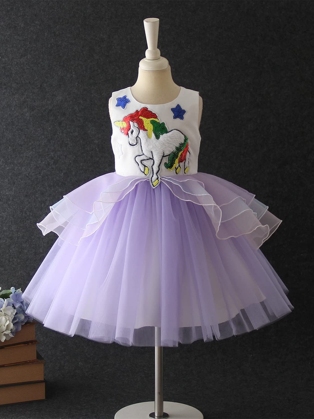 

Googo Gaaga Girls Blue Layered Flared Sequined Unicorn Mini Dress