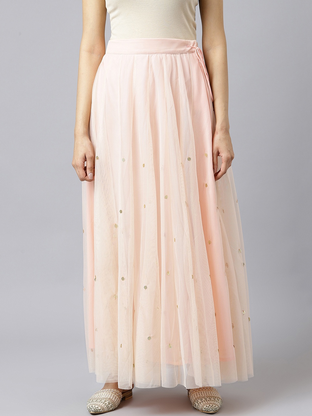 

W Women Pink Embellished Flared Maxi-Length Skirts, Peach