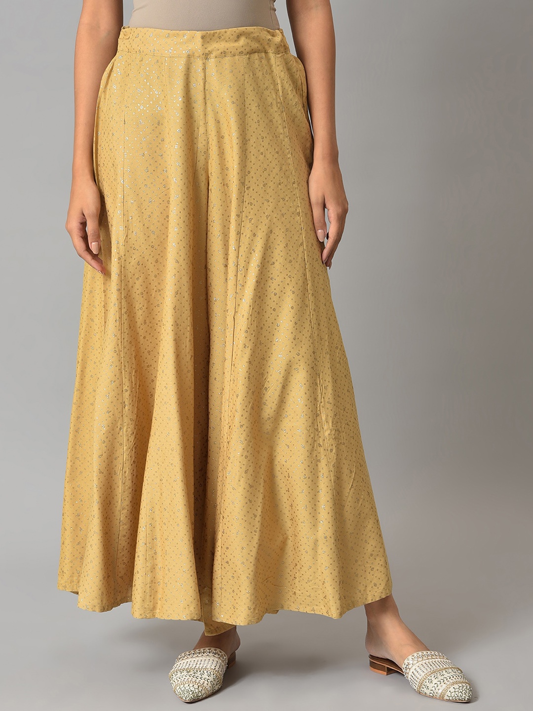 W Women Golden Colored Glitter Printed Flared Maxi Skirts, Gold