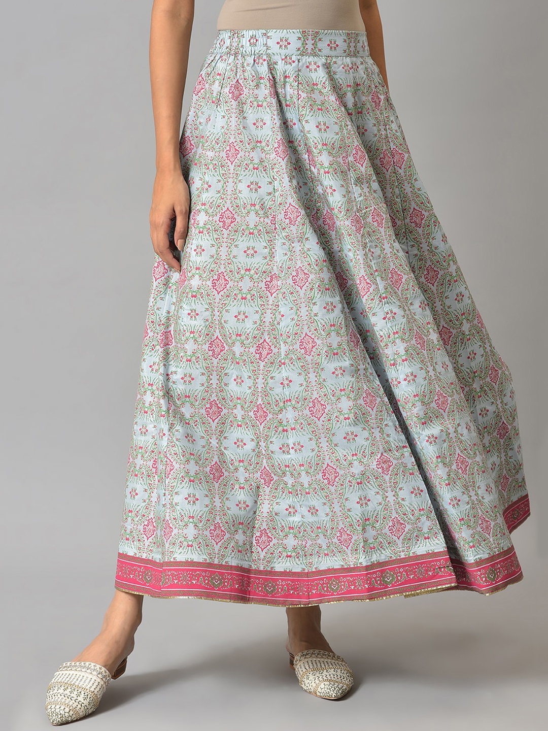 

W Women Sky-Blue & Pink Floral-Printed Flared Maxi Skirt, Turquoise blue