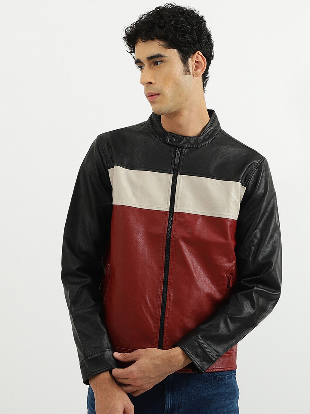 

United Colors of Benetton Men Black & Marron Colourblocked Biker Jacket