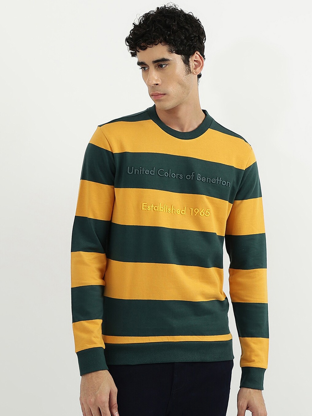 

United Colors of Benetton Men Green & Yellow Striped Round neck Cotton Sweatshirt