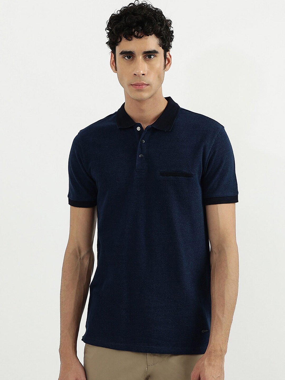 

United Colors of Benetton Men Navy Blue Cotton Polo Collar T-shirt