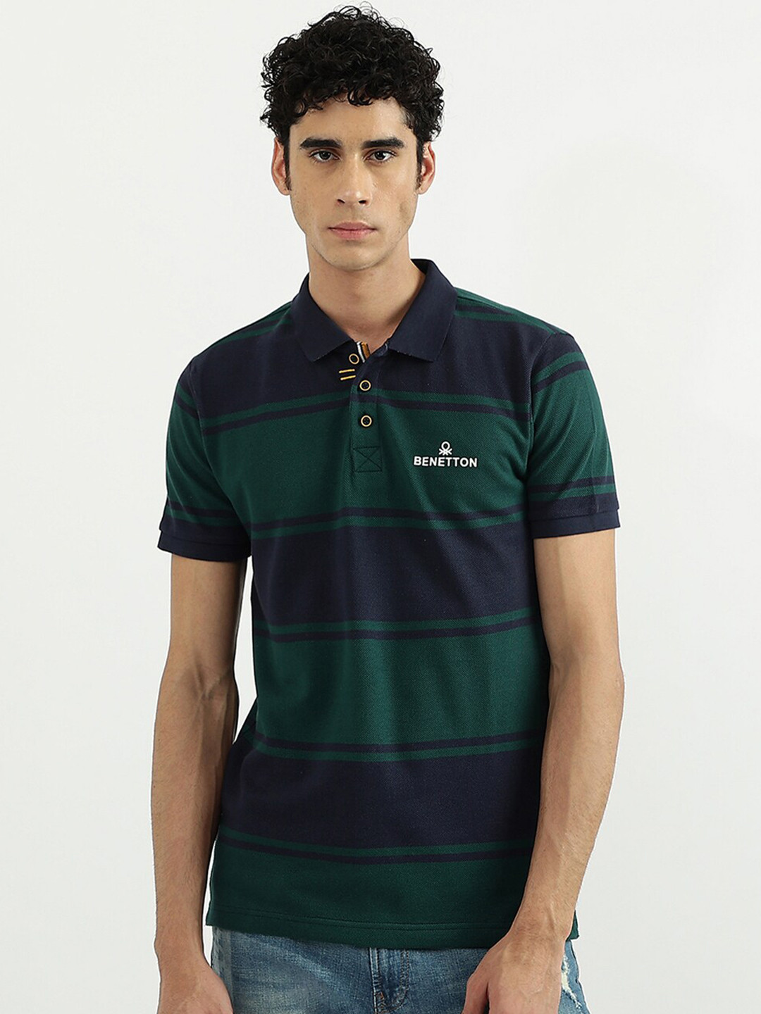 

United Colors of Benetton Men Green & Navy Blue Striped Cotton Polo Collar T-shirt