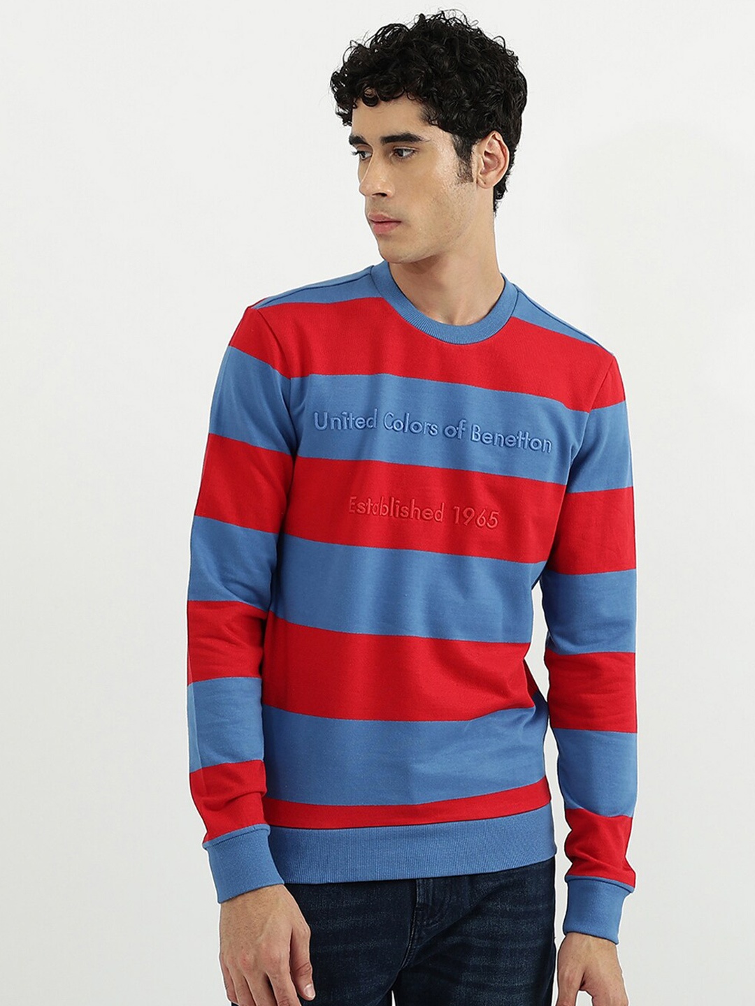 

United Colors of Benetton Men Red & Blue Striped Round Neck Cotton Sweatshirt