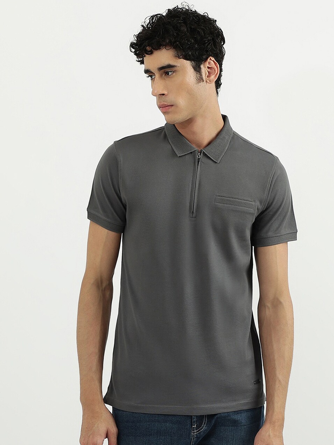 

United Colors of Benetton Men Grey Polo Collar Cotton T-shirt