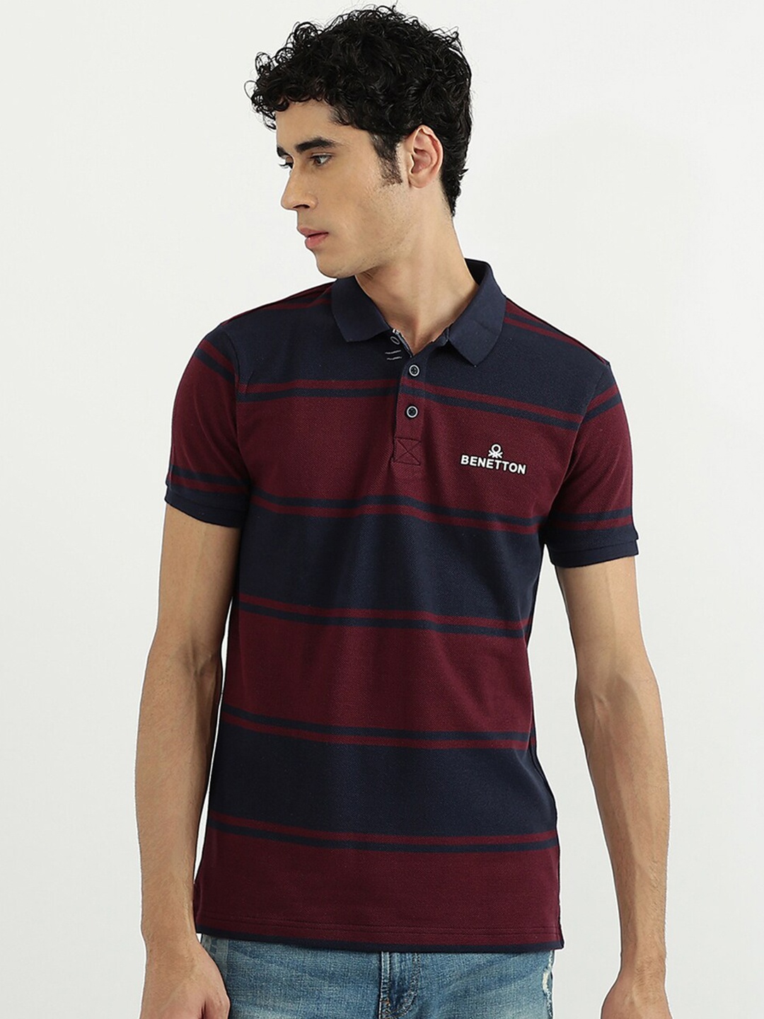 

United Colors of Benetton Men Navy Blue & Maroon Printed Polo Collar Cotton T-shirt