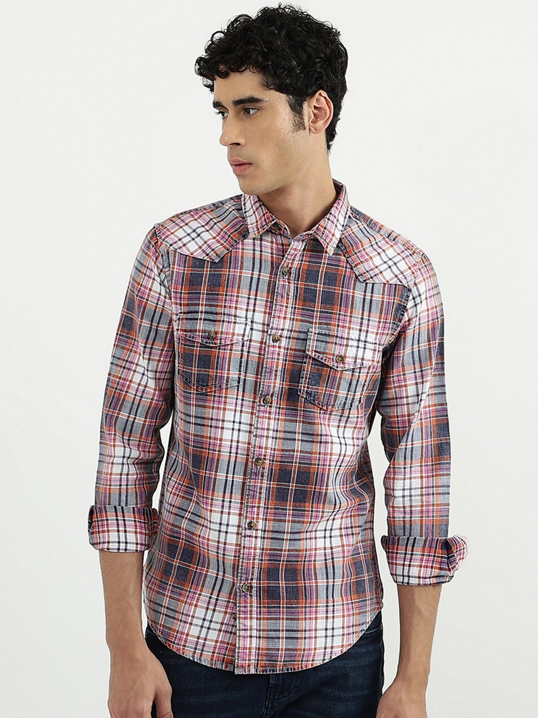 

United Colors of Benetton Men Slim Fit Tartan Checks Checked Cotton Casual Shirt, Red