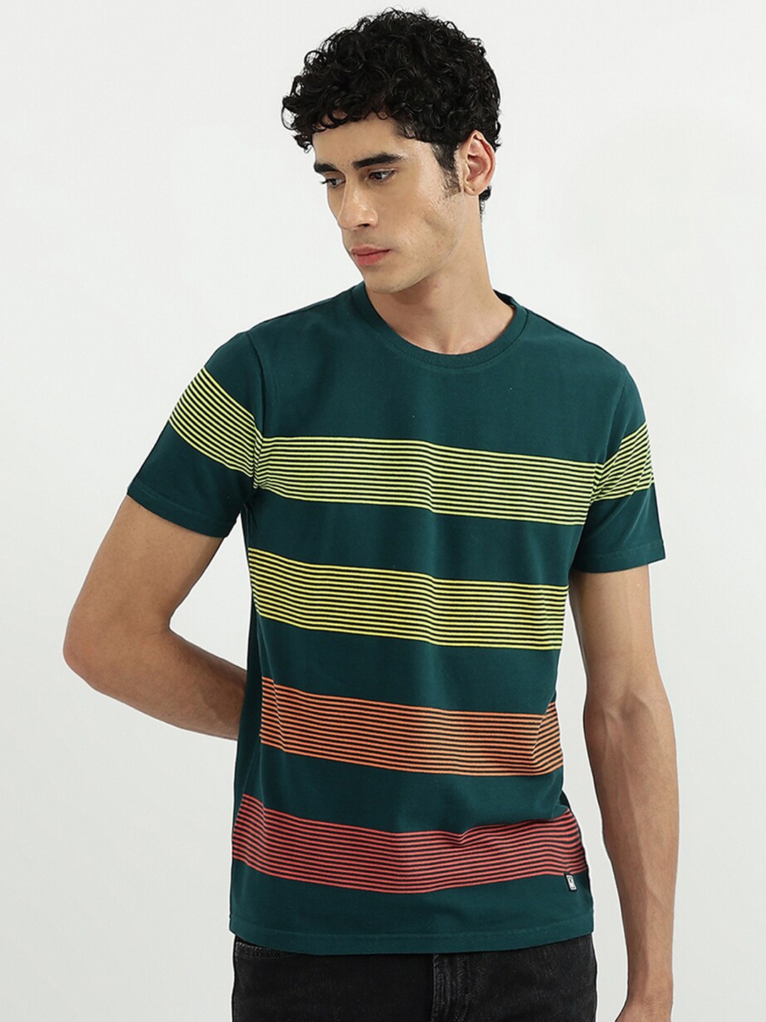 

United Colors of Benetton Men Green Striped Printed Cotton T-shirt