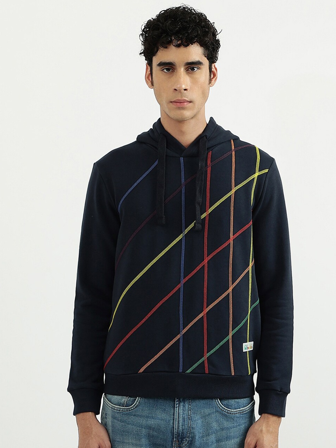

United Colors of Benetton Men Black Striped Hooded Sweatshirt