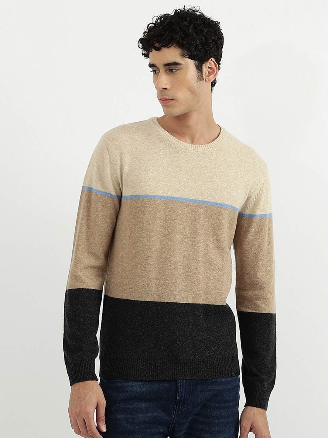

United Colors of Benetton Men Beige & Black Colourblocked Colourblocked Pullover