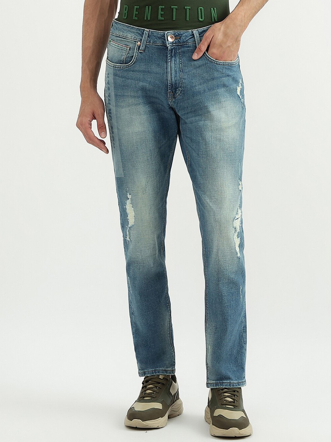 

United Colors of Benetton Men Blue Slim Fit Highly Distressed Heavy Fade Jeans