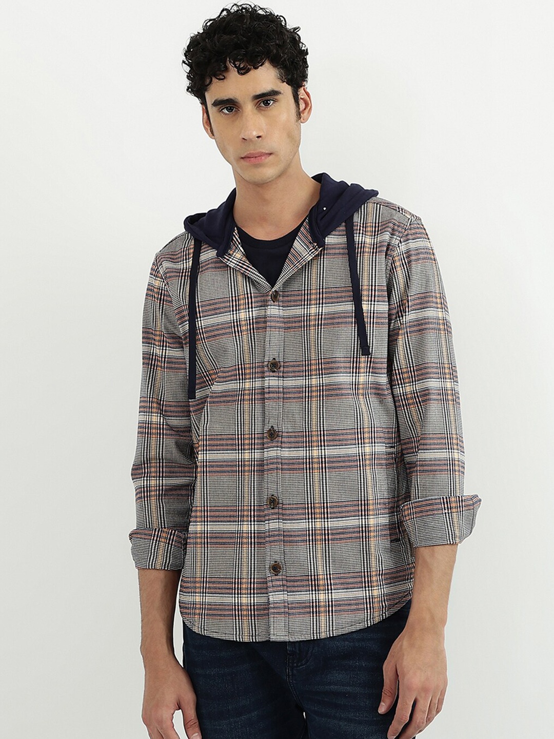 

United Colors of Benetton Men Grey Tartan Checks Checked Slim Fit Casual Shirt