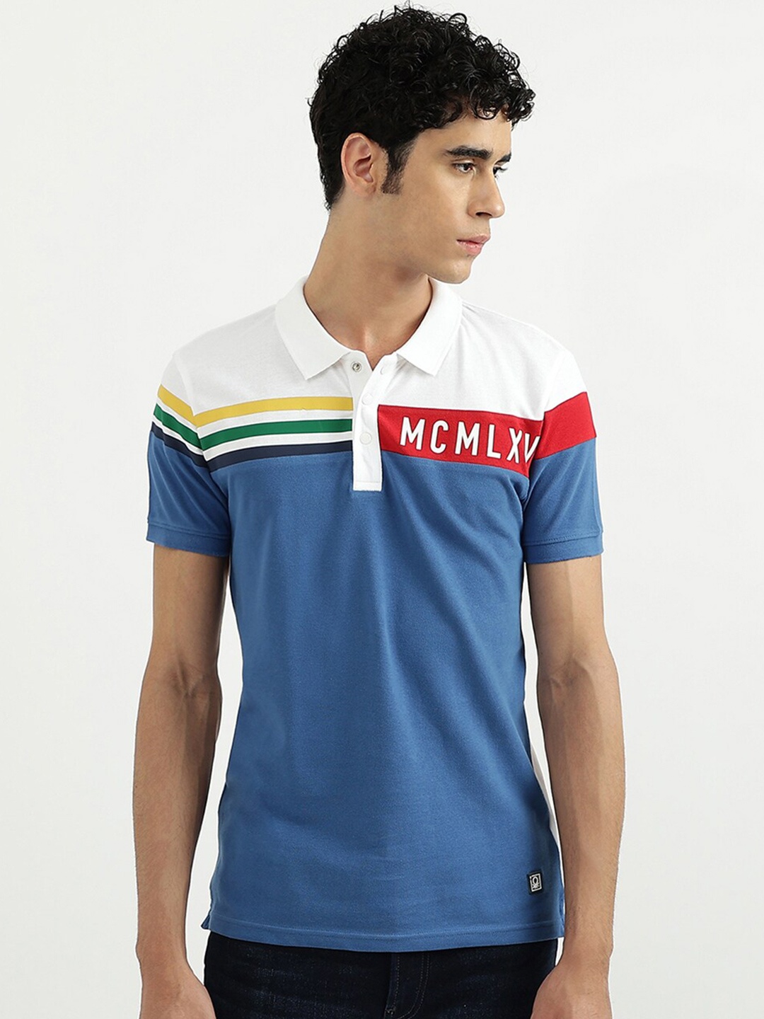 

United Colors of Benetton Men Blue & White Colourblocked Polo Collar Cotton T-shirt