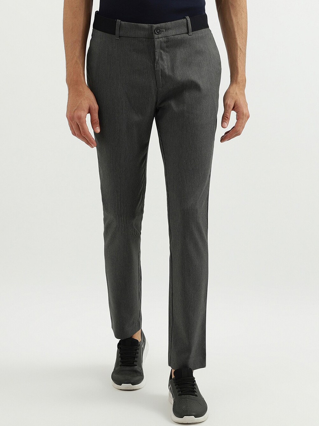 

United Colors of Benetton Men Grey Striped Slim Fit Trousers