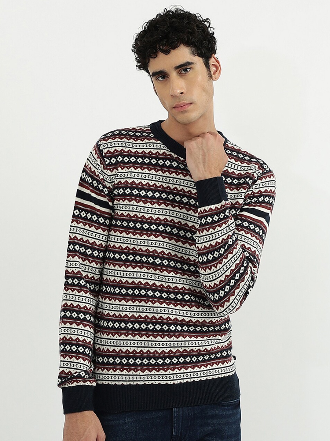 

United Colors of Benetton Men Grey Melange & Black Striped Pullover