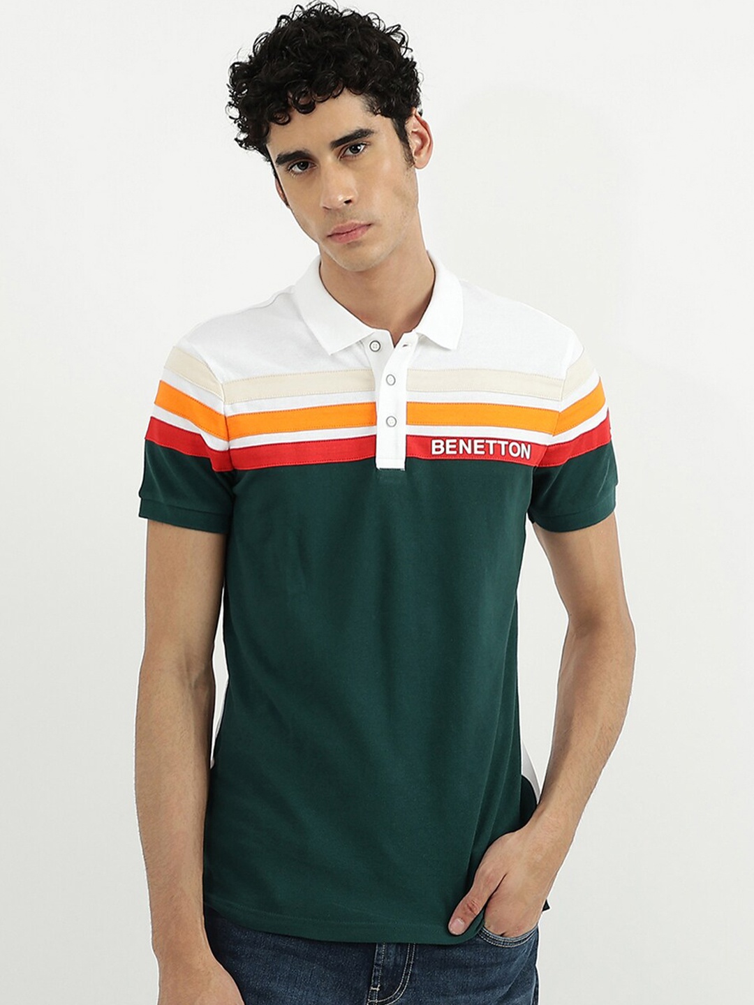 

United Colors of Benetton Men Green Striped Polo Collar Cotton T-shirt