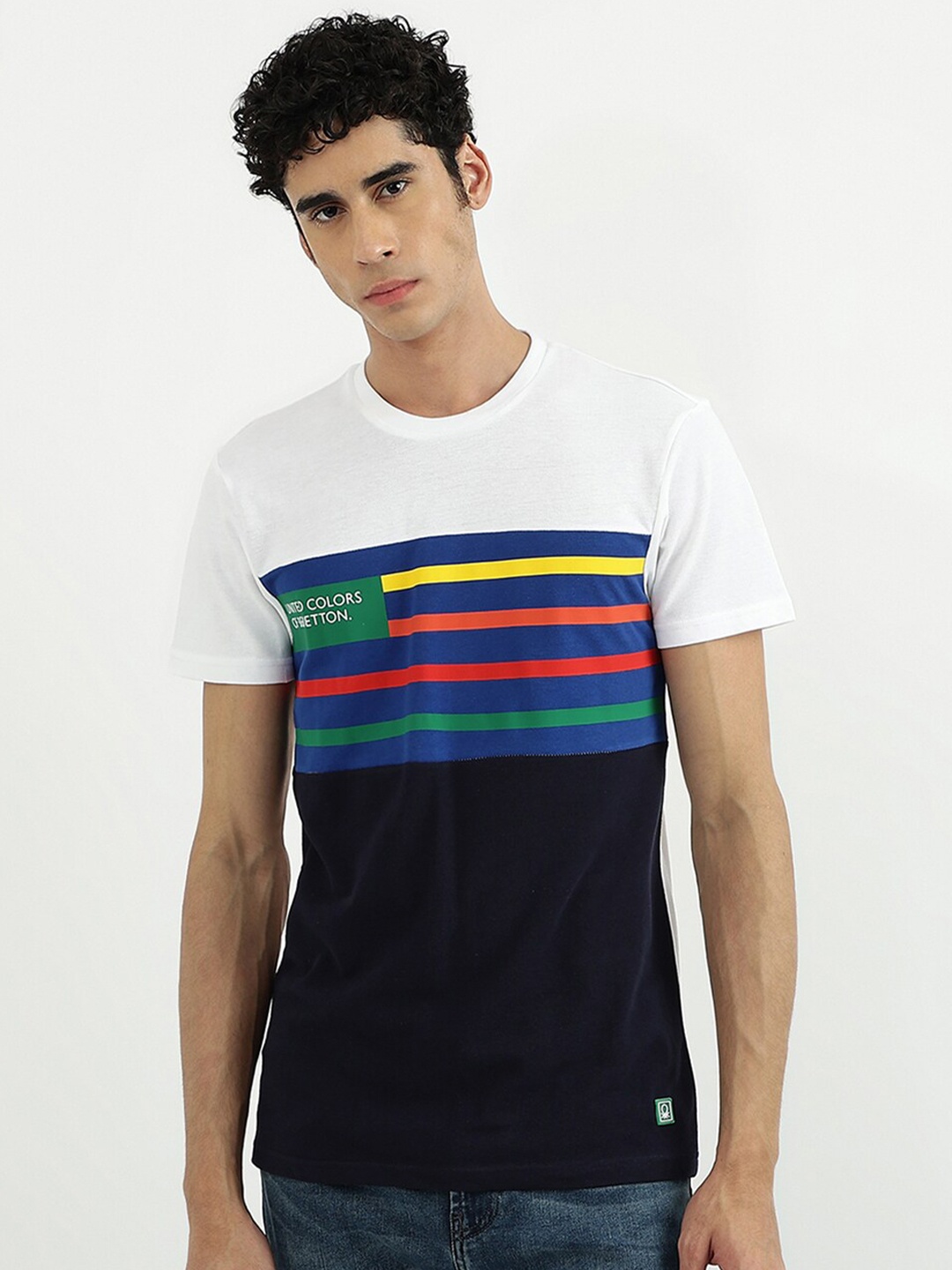 

United Colors of Benetton Men Black & White Colourblocked Cotton T-shirt