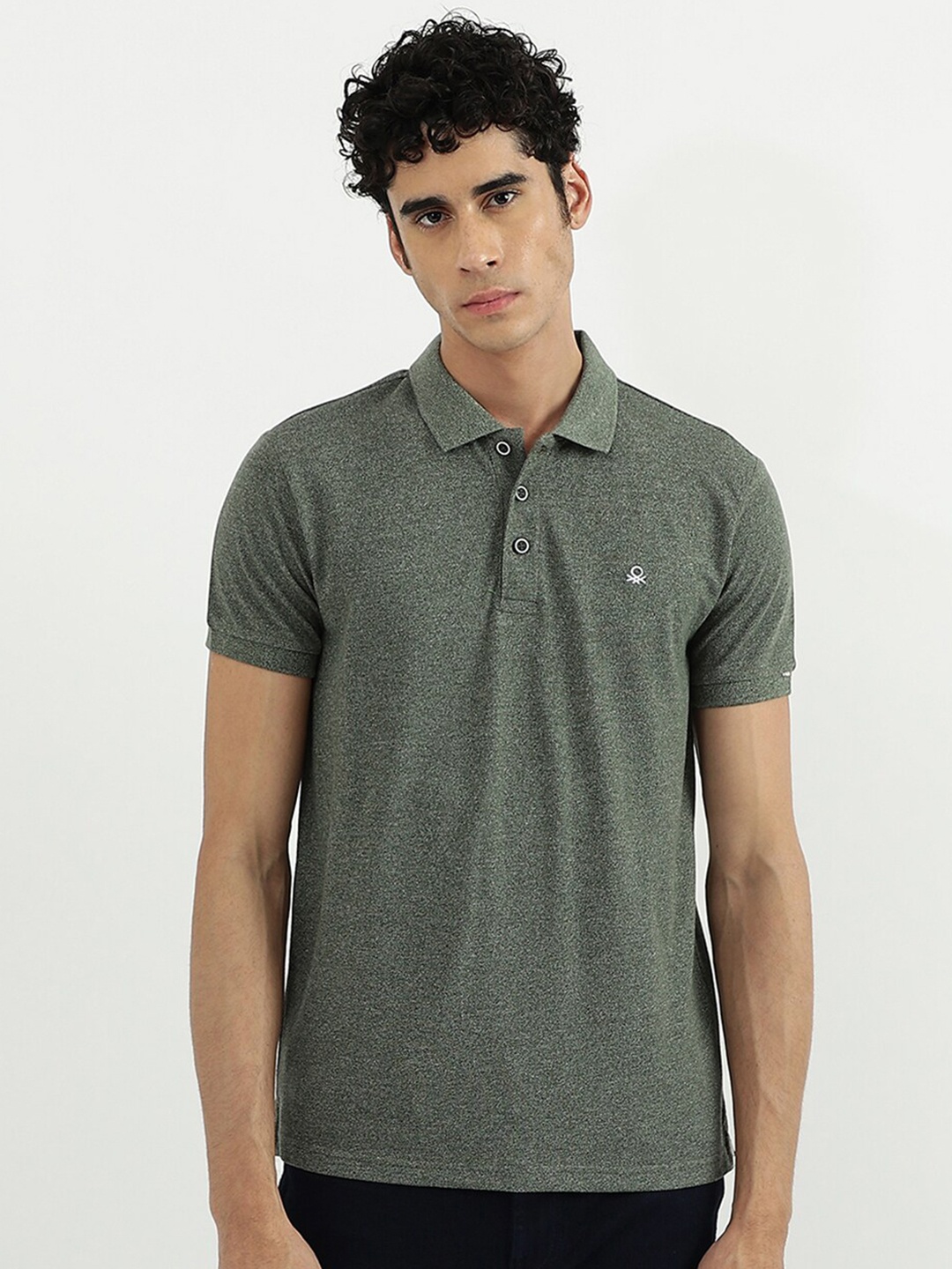 

United Colors of Benetton Men Grey Solid Polo Collar Cotton T-shirt