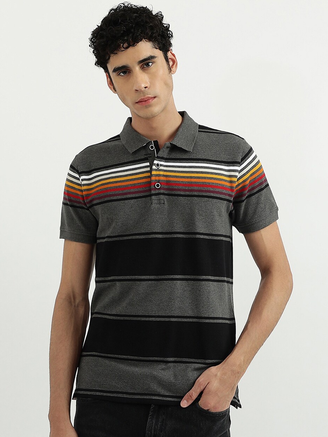 

United Colors of Benetton Men Black & Grey Striped Printed Polo Collar Cotton T-shirt