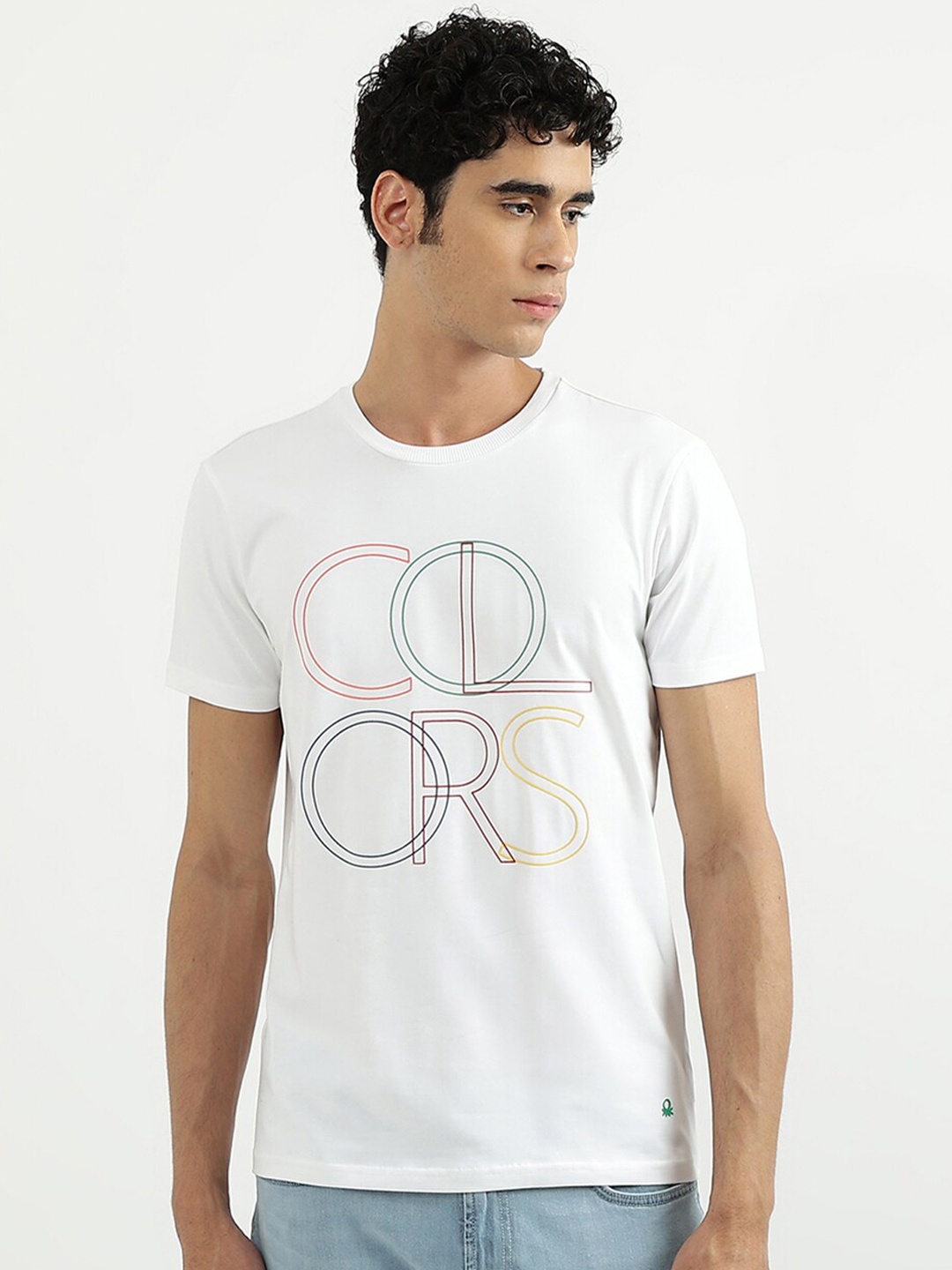 

United Colors of Benetton Men White Typography Printed Cotton T-shirt