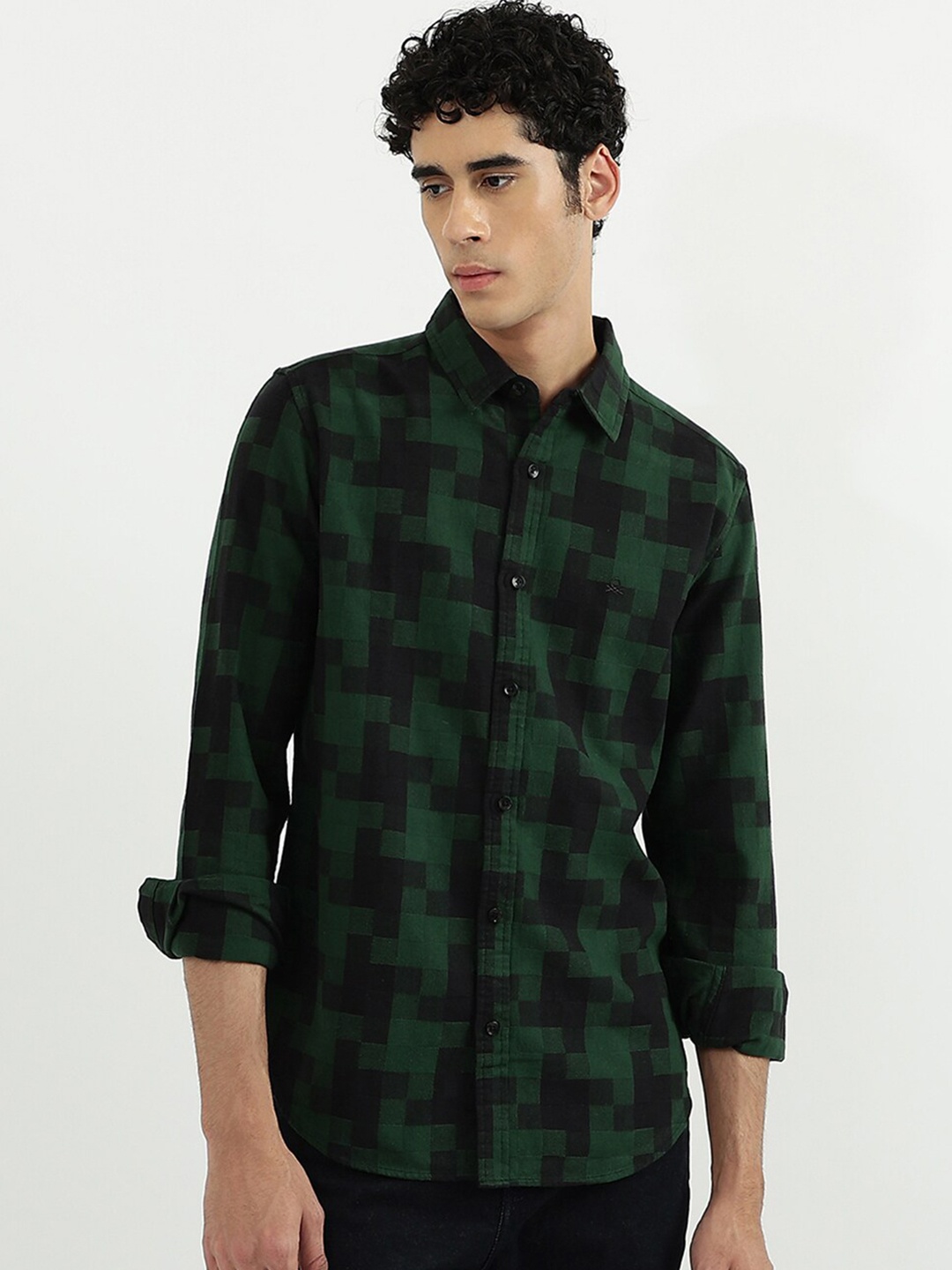 

United Colors of Benetton Men Checked Slim Fit Cotton Casual Shirt, Green