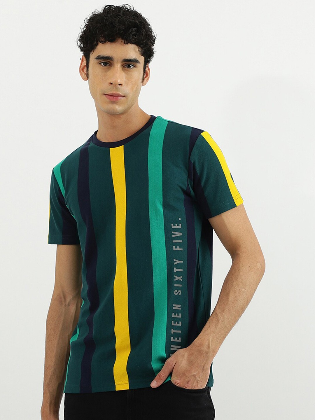 

United Colors of Benetton Men Green & Yellow Striped Printed Cotton T-shirt
