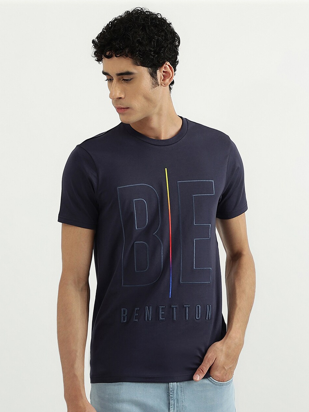 

United Colors of Benetton Men Navy Blue Typography Printed Cotton T-shirt