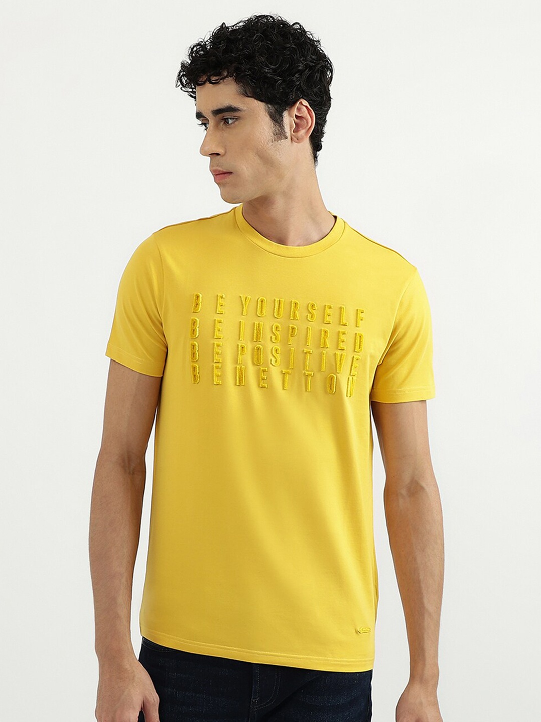 

United Colors of Benetton Men Yellow Typography Printed Cotton T-shirt