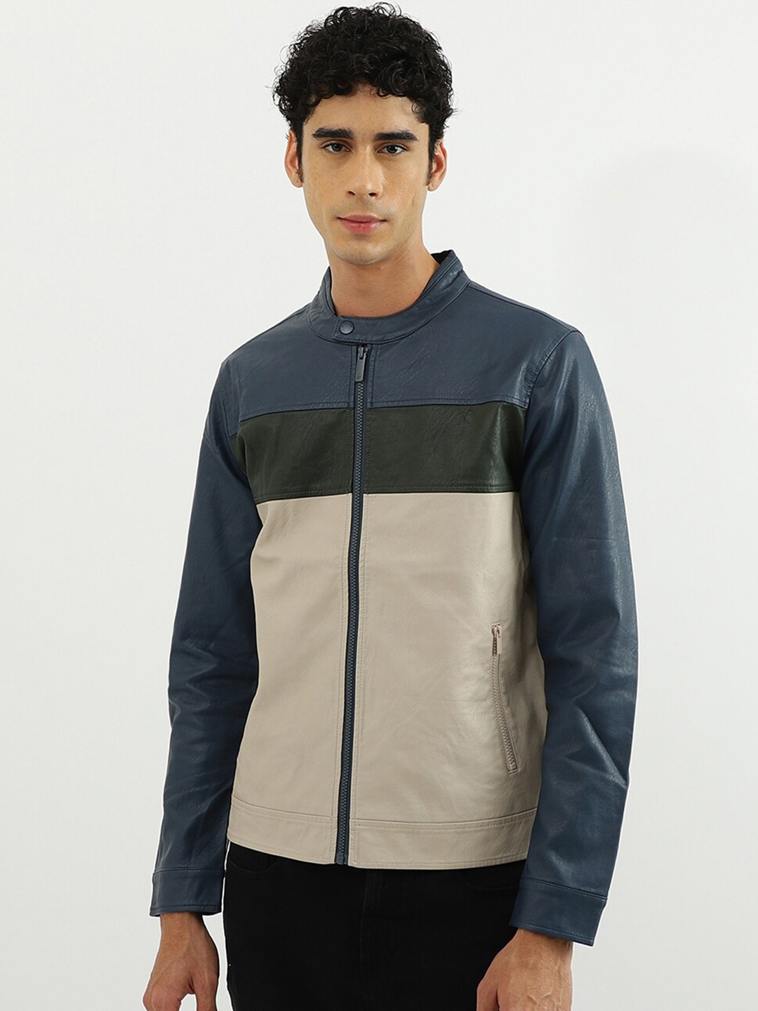 

United Colors of Benetton Men Blue & Cream-Coloured Colourblocked Bomber Jacket