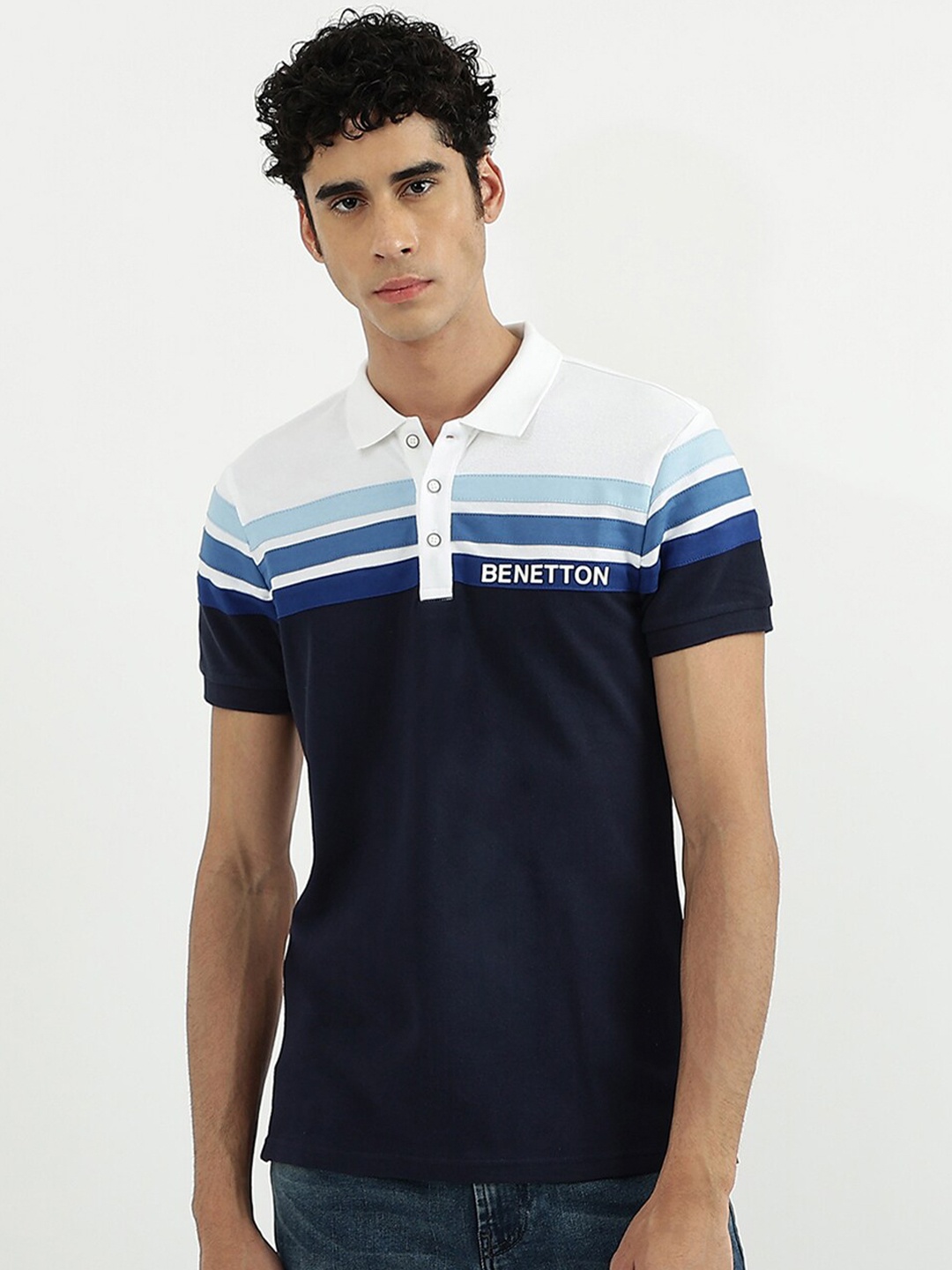 

United Colors of Benetton Men Navy Blue & White Colourblocked Polo Collar Cotton T-shirt