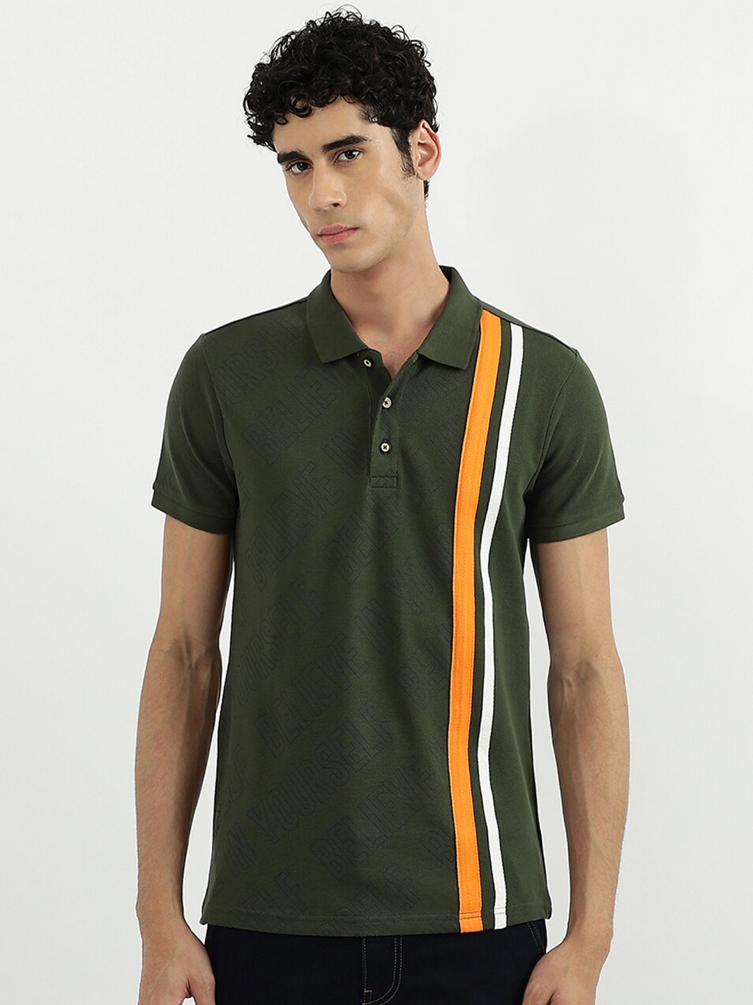 

United Colors of Benetton Men Olive Green Striped Printed Polo Collar Cotton T-shirt