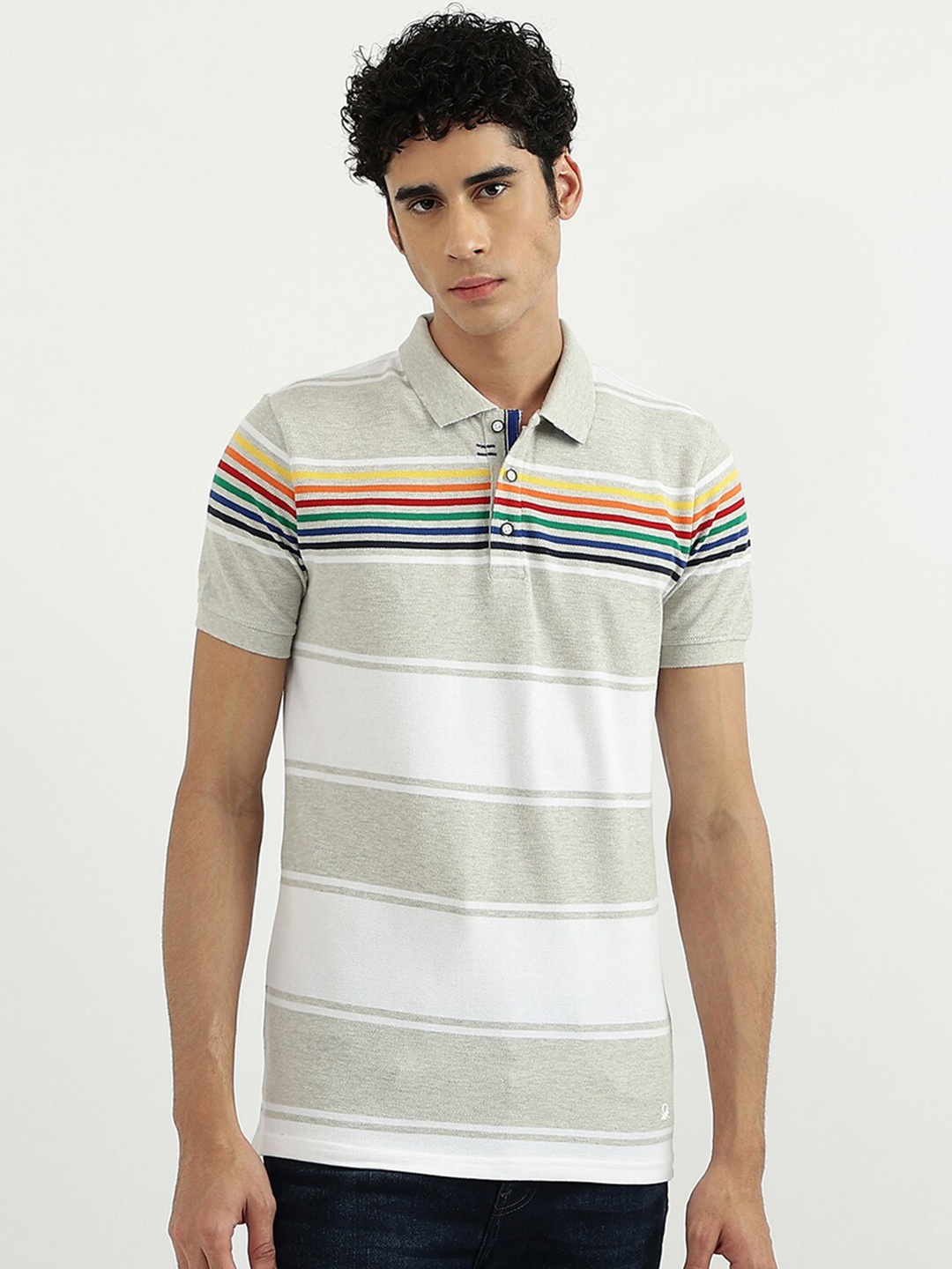 

United Colors of Benetton Men White & Grey Printed Polo Collar Cotton T-shirt