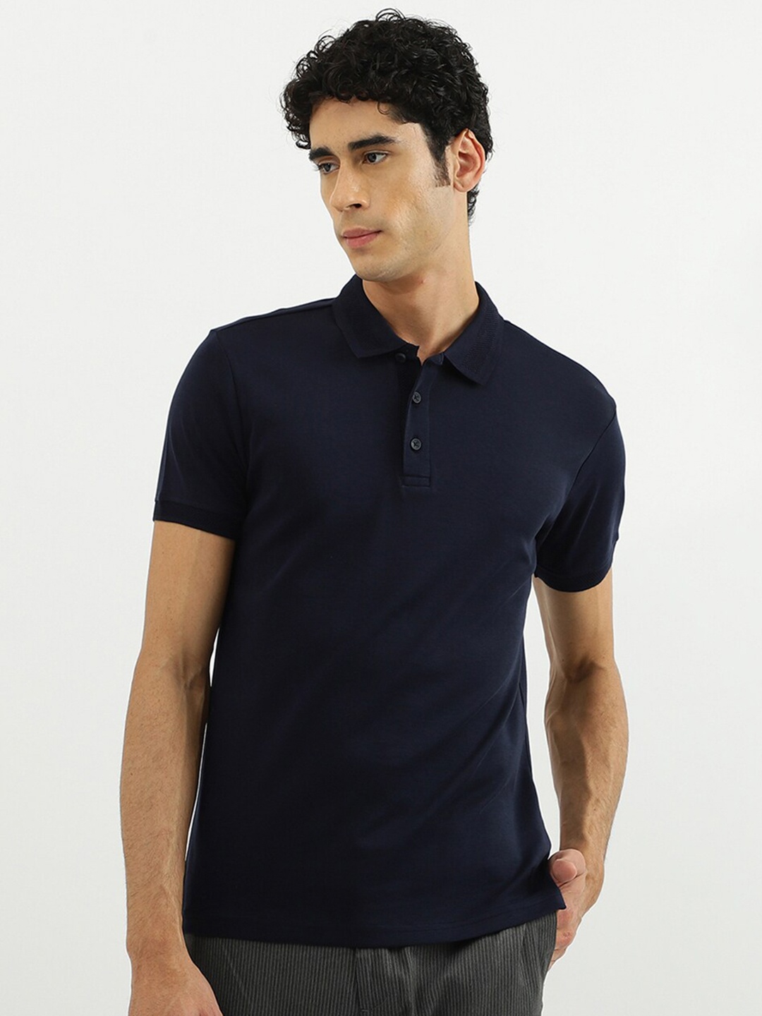 

United Colors of Benetton Men Navy Blue Solid Polo Collar Cotton T-shirt