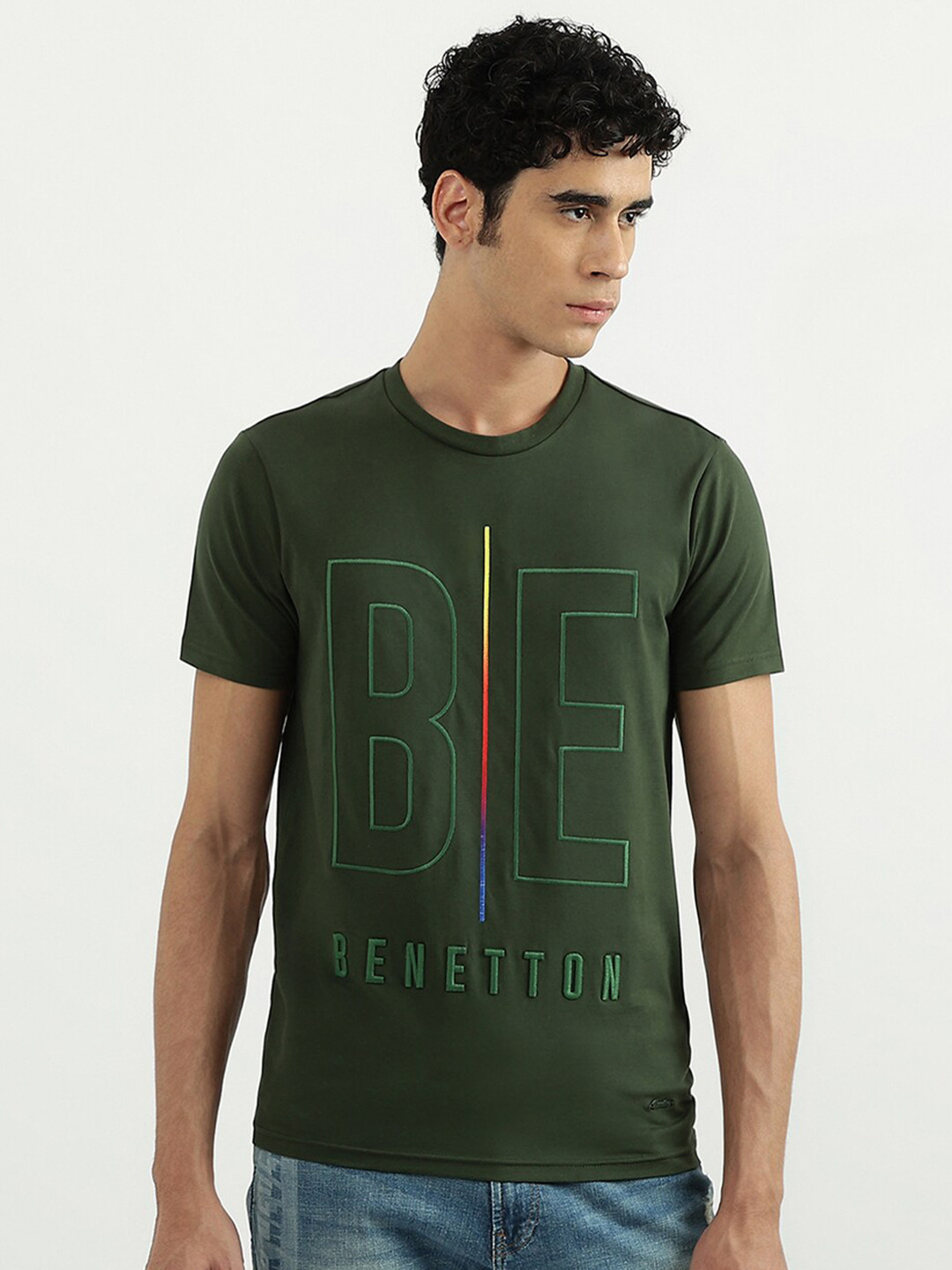 

United Colors of Benetton Men Green Typography Cotton T-shirt
