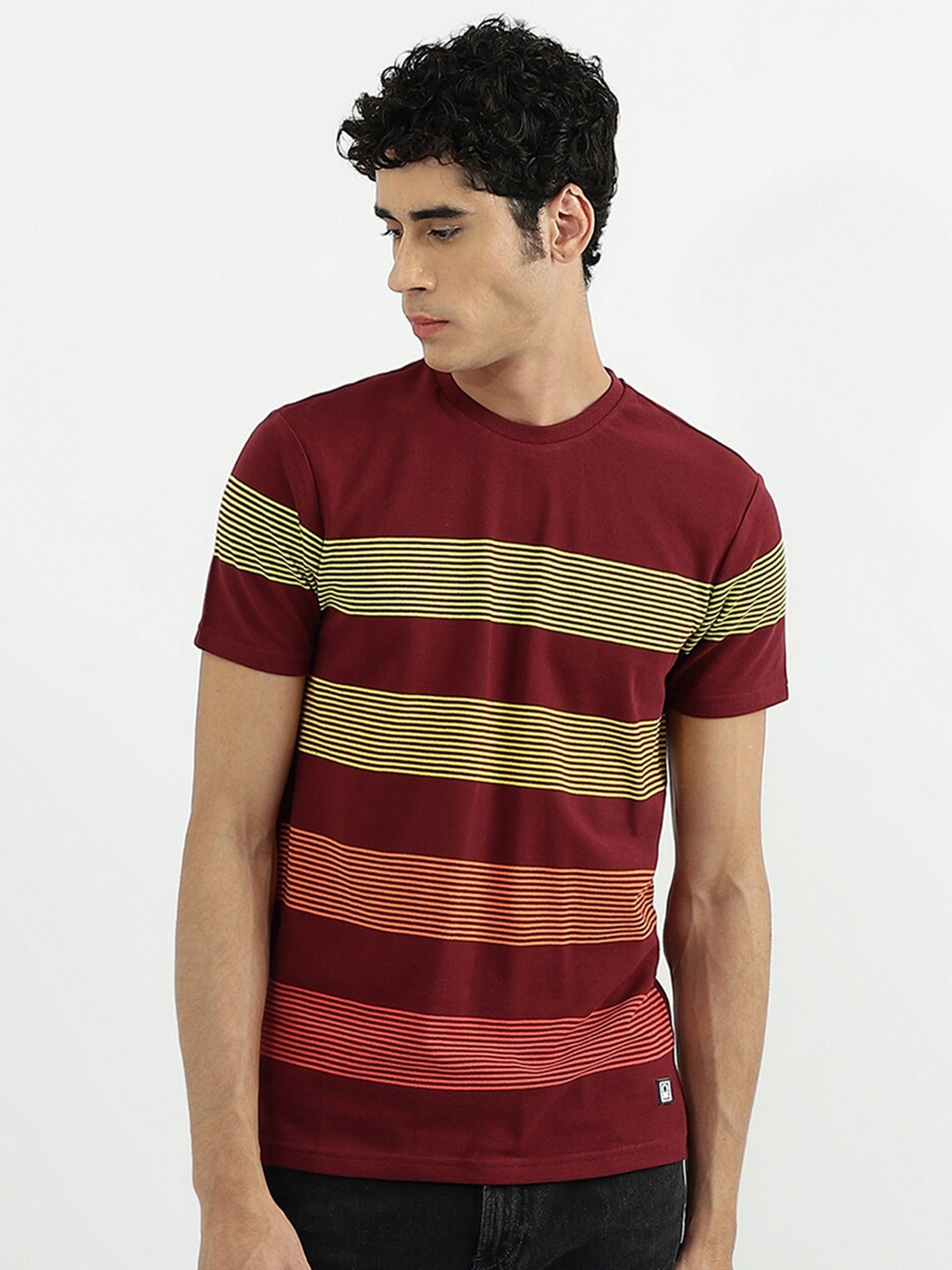 

United Colors of Benetton Men Maroon Striped Cotton T-shirt