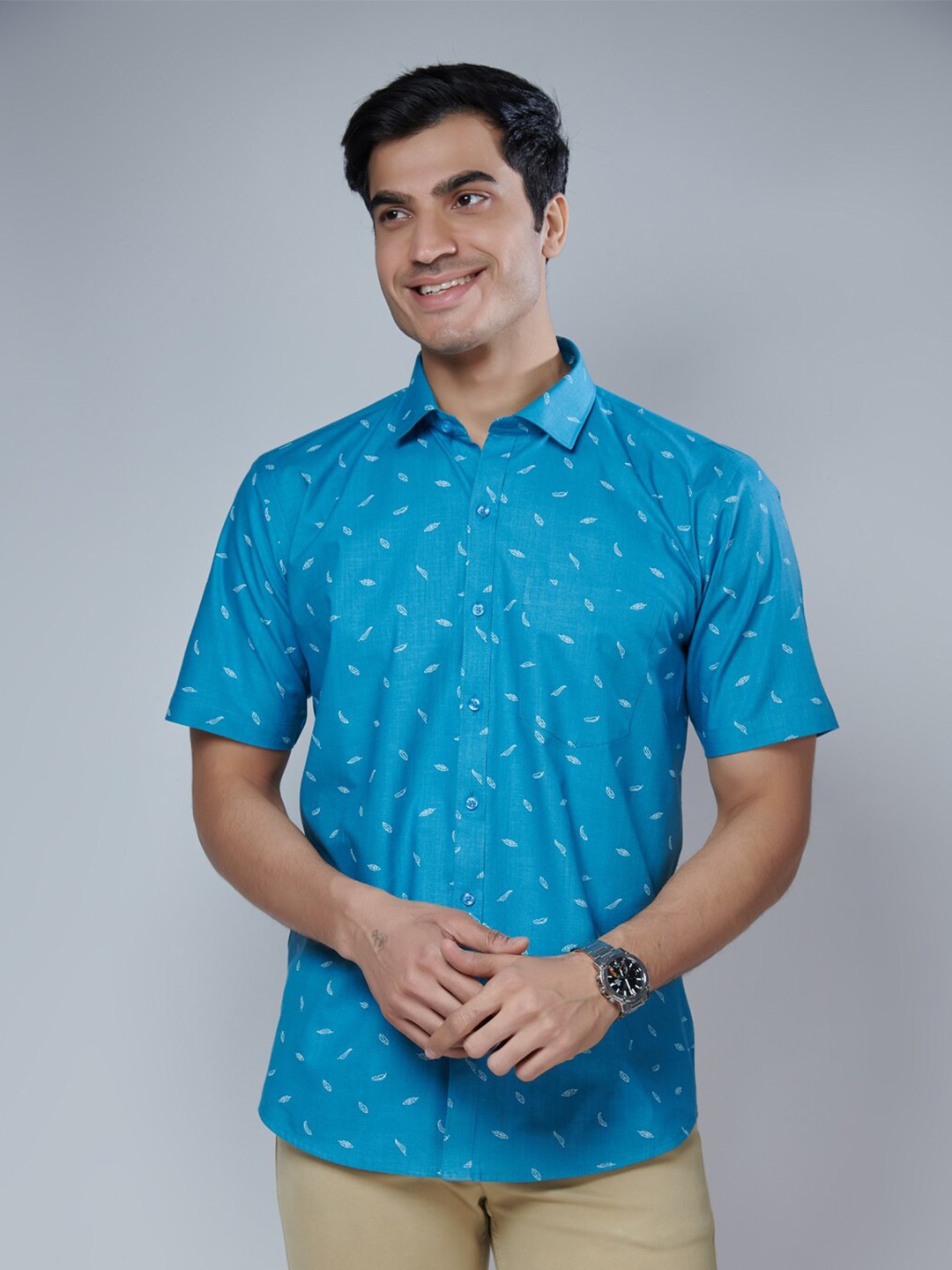 

MARK & ALBERT Men Classic Slim Fit Printed Cotton Casual Shirt, Blue