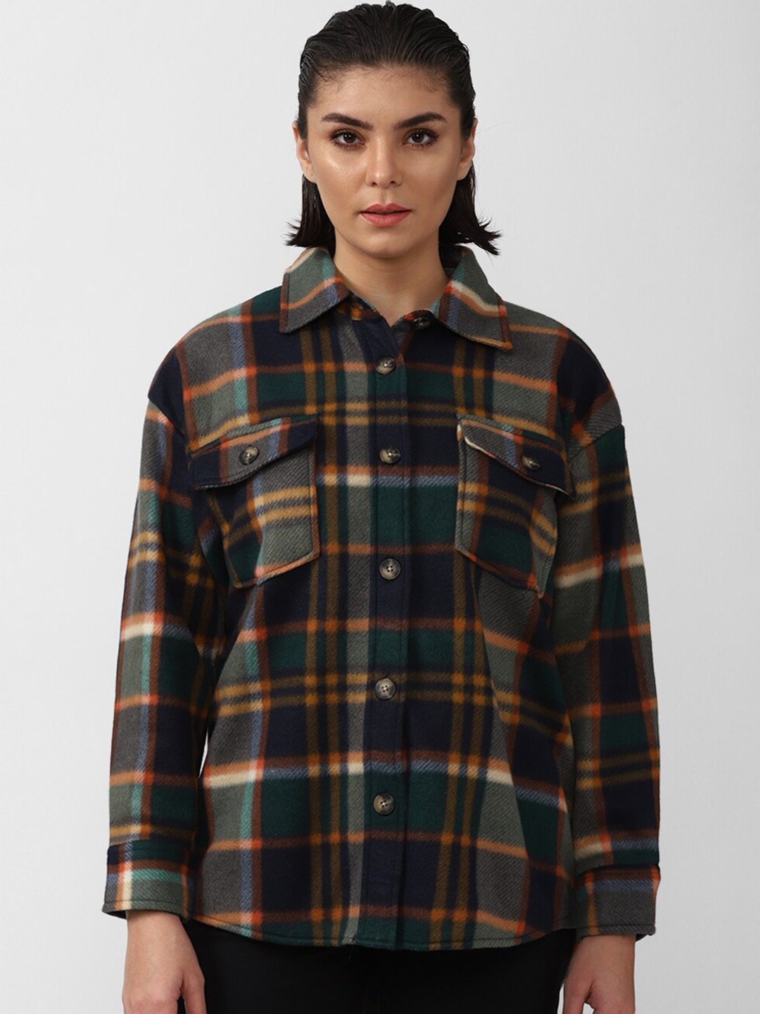

FOREVER 21 Women Green & Blue Checked Tailored Jacket
