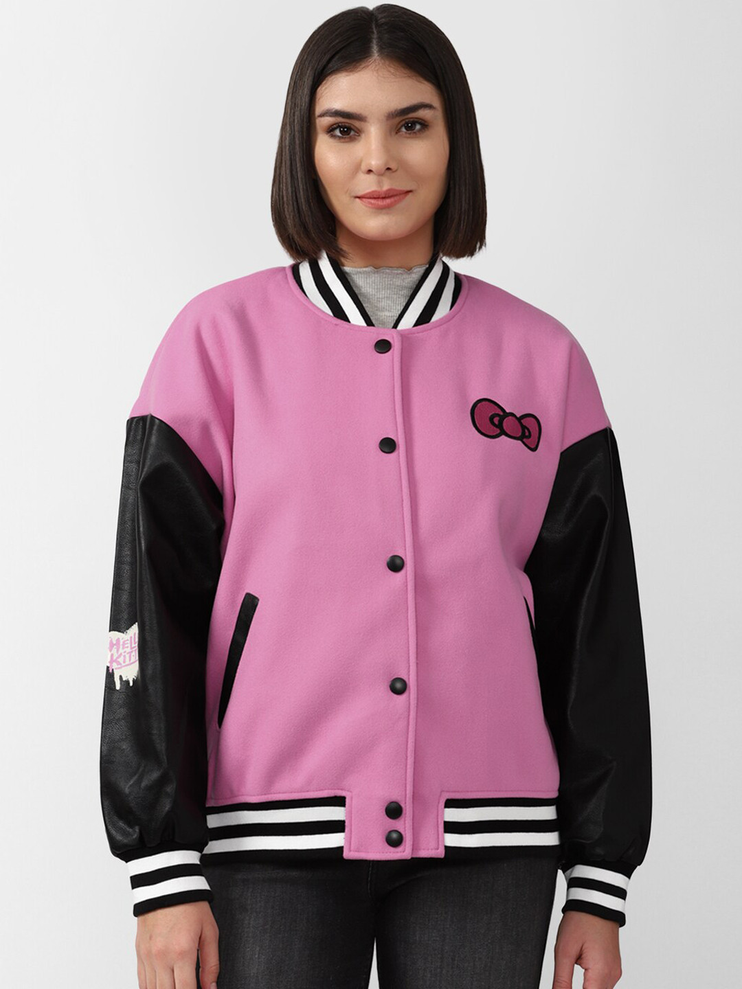 

FOREVER 21 Women Pink & Black Bomber Jacket