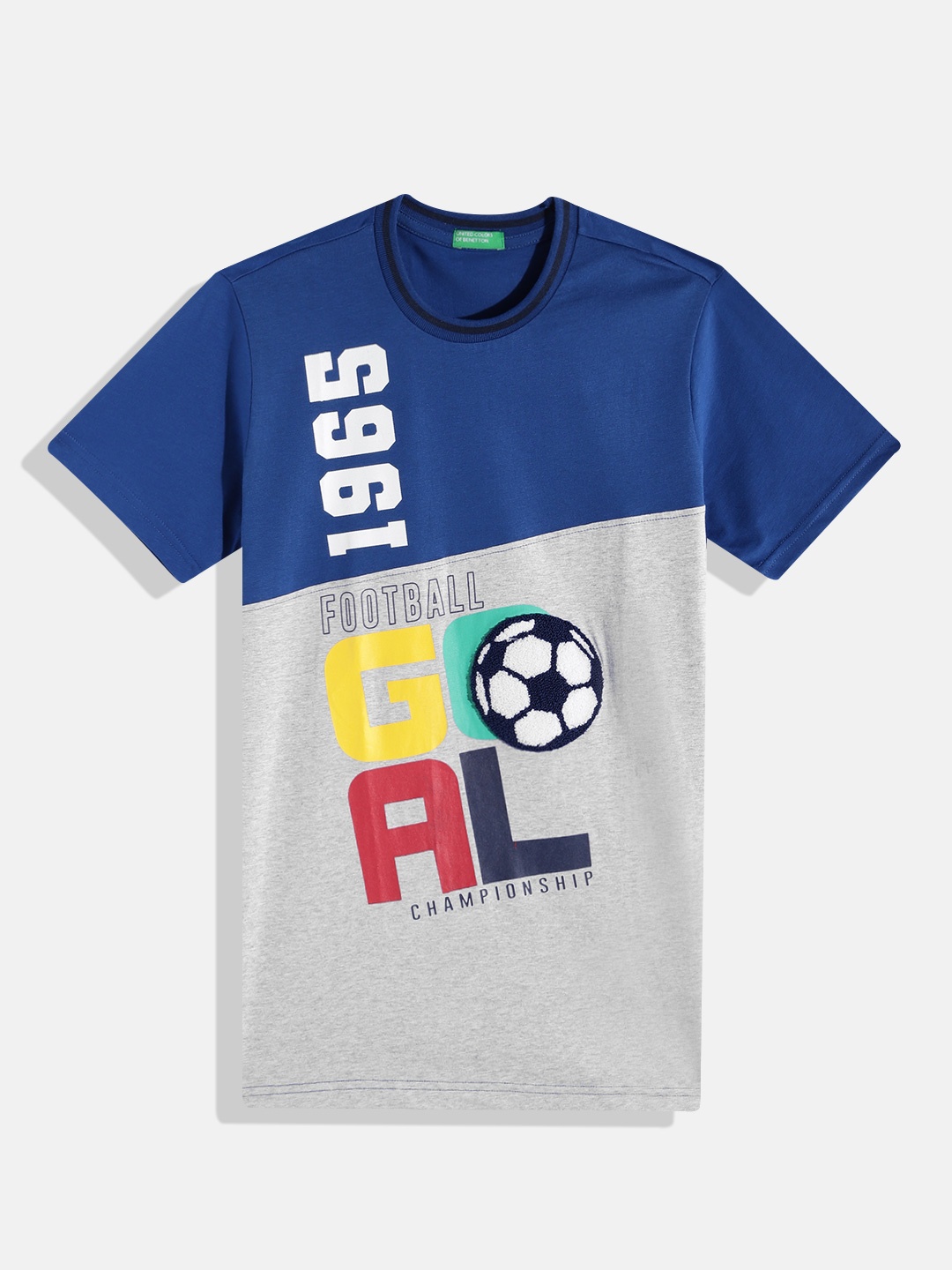 

United Colors of Benetton Boys Colourblocked Pure Cotton Applique Detail T-shirt, Blue