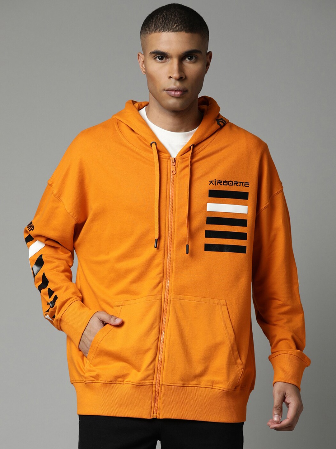 

Breakbounce Men Orange Striped Cotton Hooded Bomber Jacket