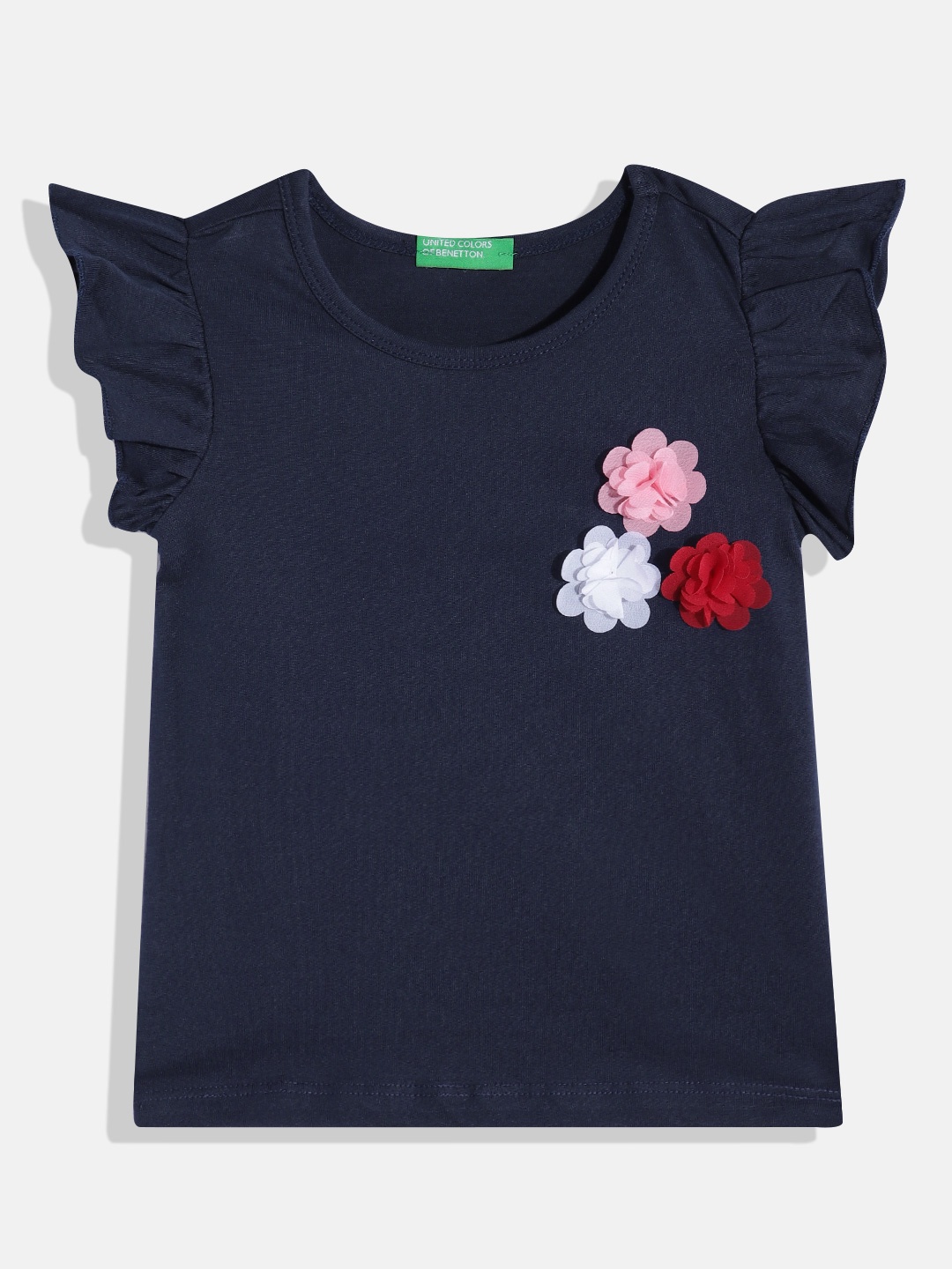 

United Colors of Benetton Girls Pure Cotton Flutter Sleeve Top, Navy blue