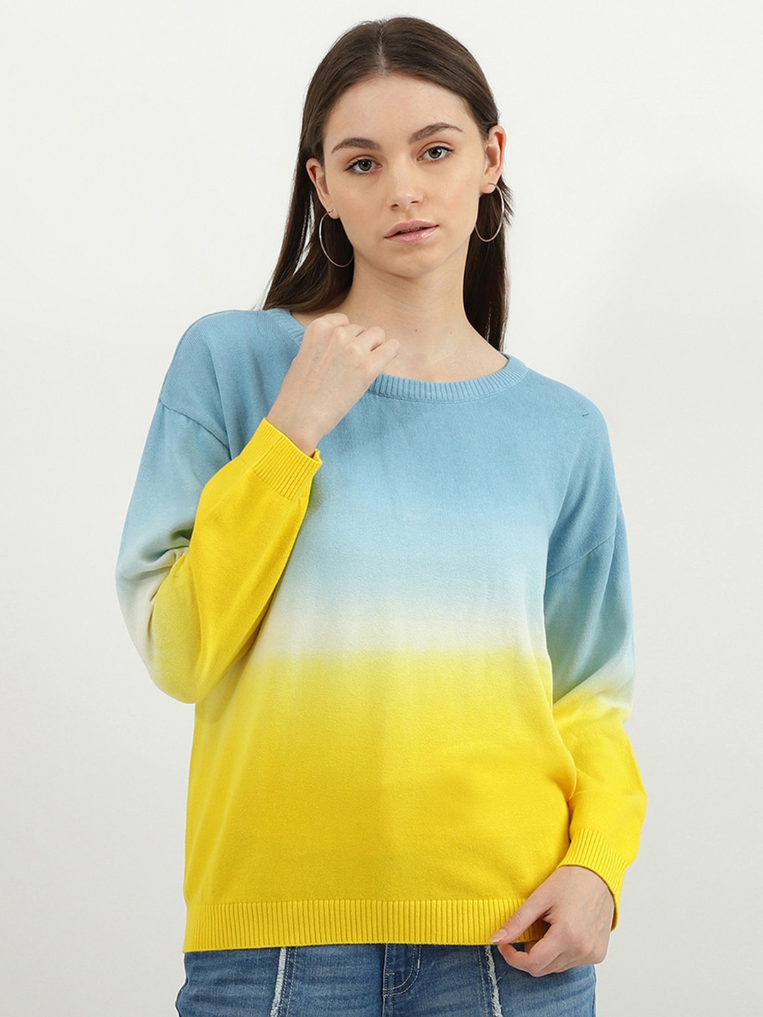 

United Colors of Benetton Women Blue & Yellow Round Neck Cotton Sweatshirt
