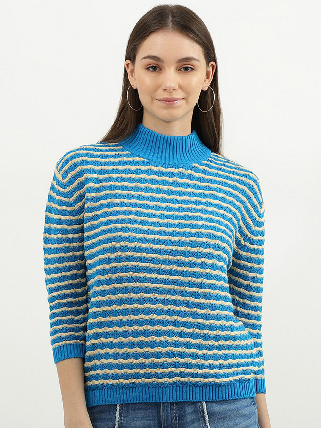 

United Colors of Benetton Women Blue & White Striped Striped Pullover
