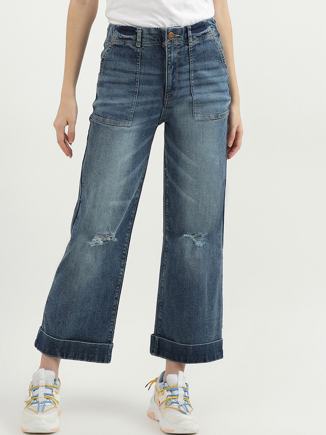 

United Colors of Benetton Women Blue Wide Leg Mildly Distressed Light Fade Jeans